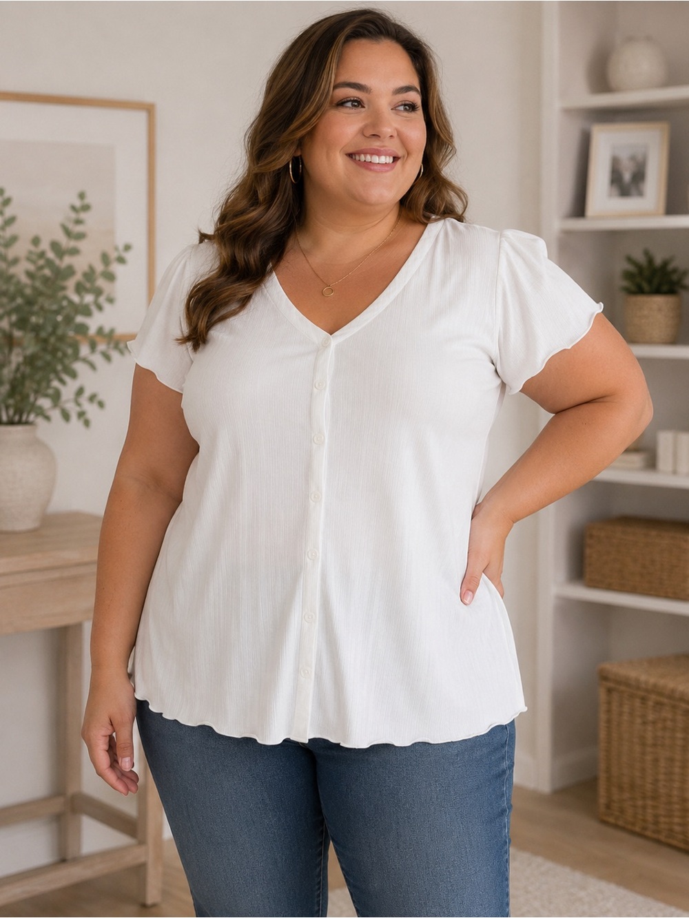 Lane Bryant White V-Neck Button Front Top with Scalloped Hem
